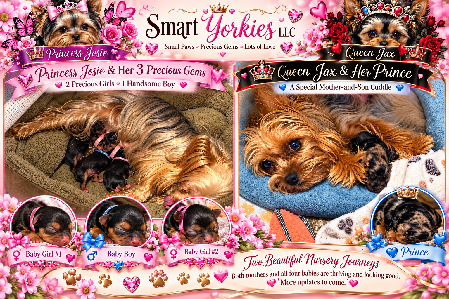 Smart Yorkies LLC nursery update featuring Princess Josie with her three newborns and Queen Jax cuddling Prince